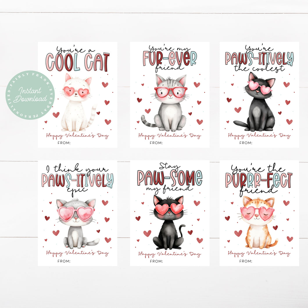 Printable Cat Valentine Cards & Kids Gift Tags - Cute Valentine's Day Set