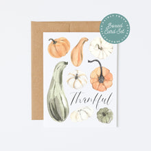 Load image into Gallery viewer, Send heartfelt messages of gratitude with this set of Thankful Note Cards. Each set includes a beautiful assortment of folded notecards featuring a charming pumpkin design, perfect for expressing thanks during the Thanksgiving season.
