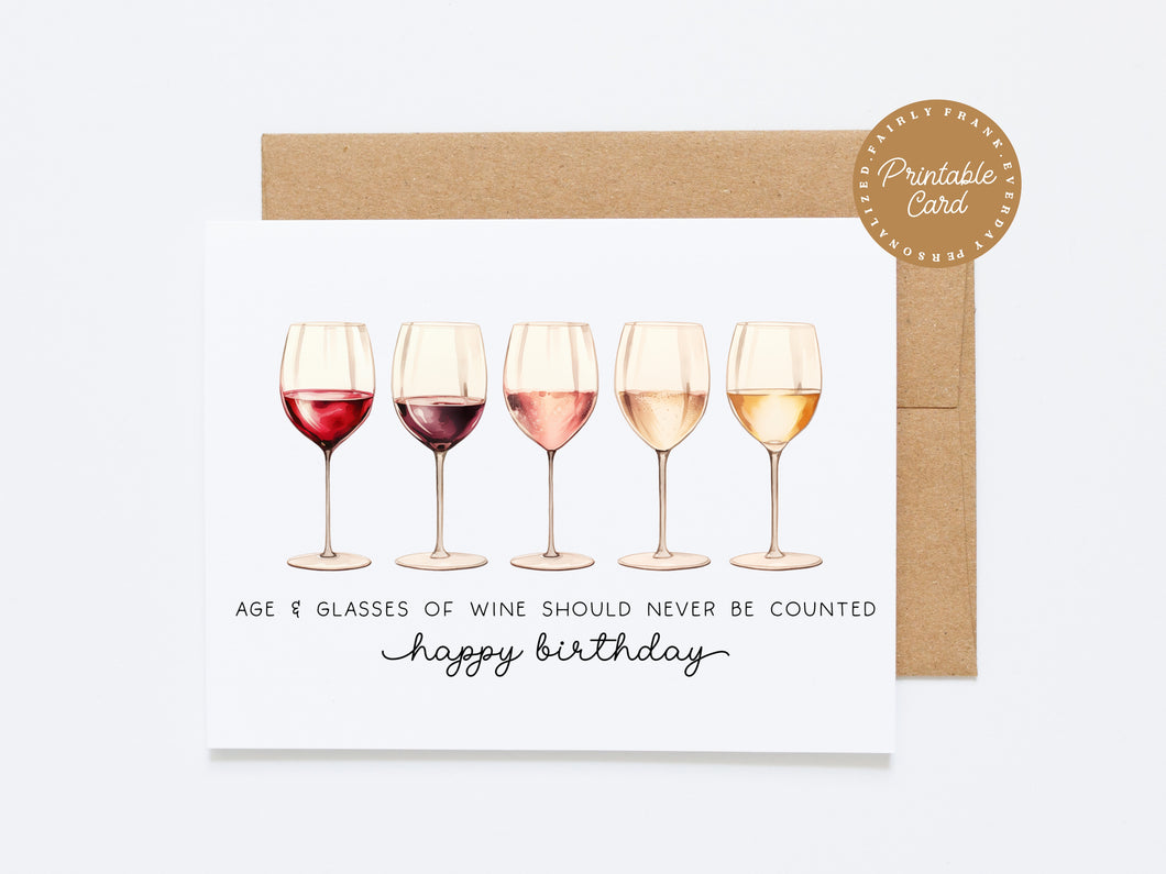 PRINTABLE Age & Glasses Of Wine Should Never Be Counted. Happy Birthday