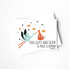 Load image into Gallery viewer,  Give the gift of laughter along with your well-wishes with this one-of-a-kind baby card.
