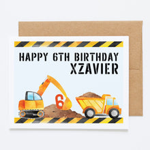 Load image into Gallery viewer, Make your little one&#39;s birthday extra magical with a personalized construction-themed card! Order now to add a special touch to your celebration.
