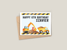 Load image into Gallery viewer, This personalized construction-themed birthday card is perfect for young builders and truck enthusiasts. Inspired by classic children&#39;s stories and characters, the card features a fun construction scene and allows for customization with the child&#39;s name.
