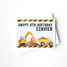 Load image into Gallery viewer, Celebrate your child&#39;s birthday with a personalized construction-themed card. Perfect for boys and construction enthusiasts, this custom card is an unforgettable way to say &quot;Happy Birthday!&quot;
